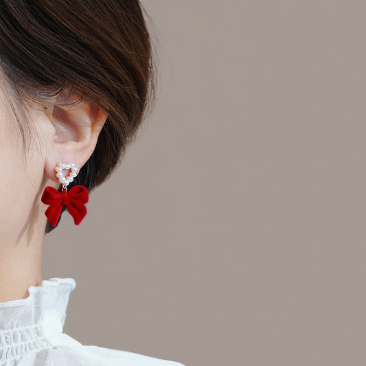 Wine-Red Flocked Bow Earrings For Women