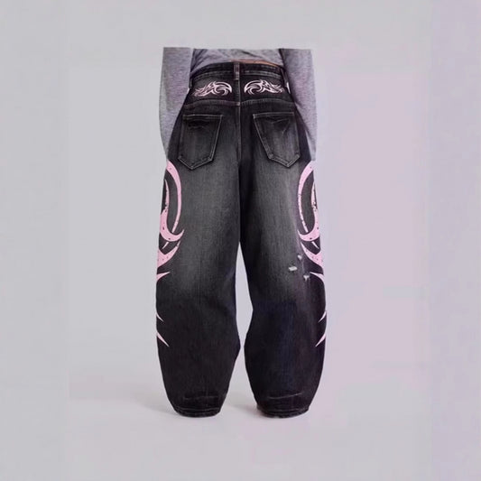Womens Distressed Relaxed-Fit Denim Jeans With A Bold Totem Print And Extra-Wide Legs