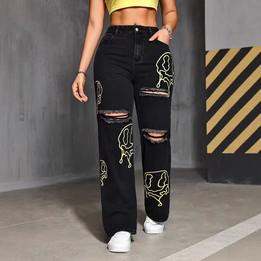 Womens Casual Loose Print Straight-leg Casual Pants