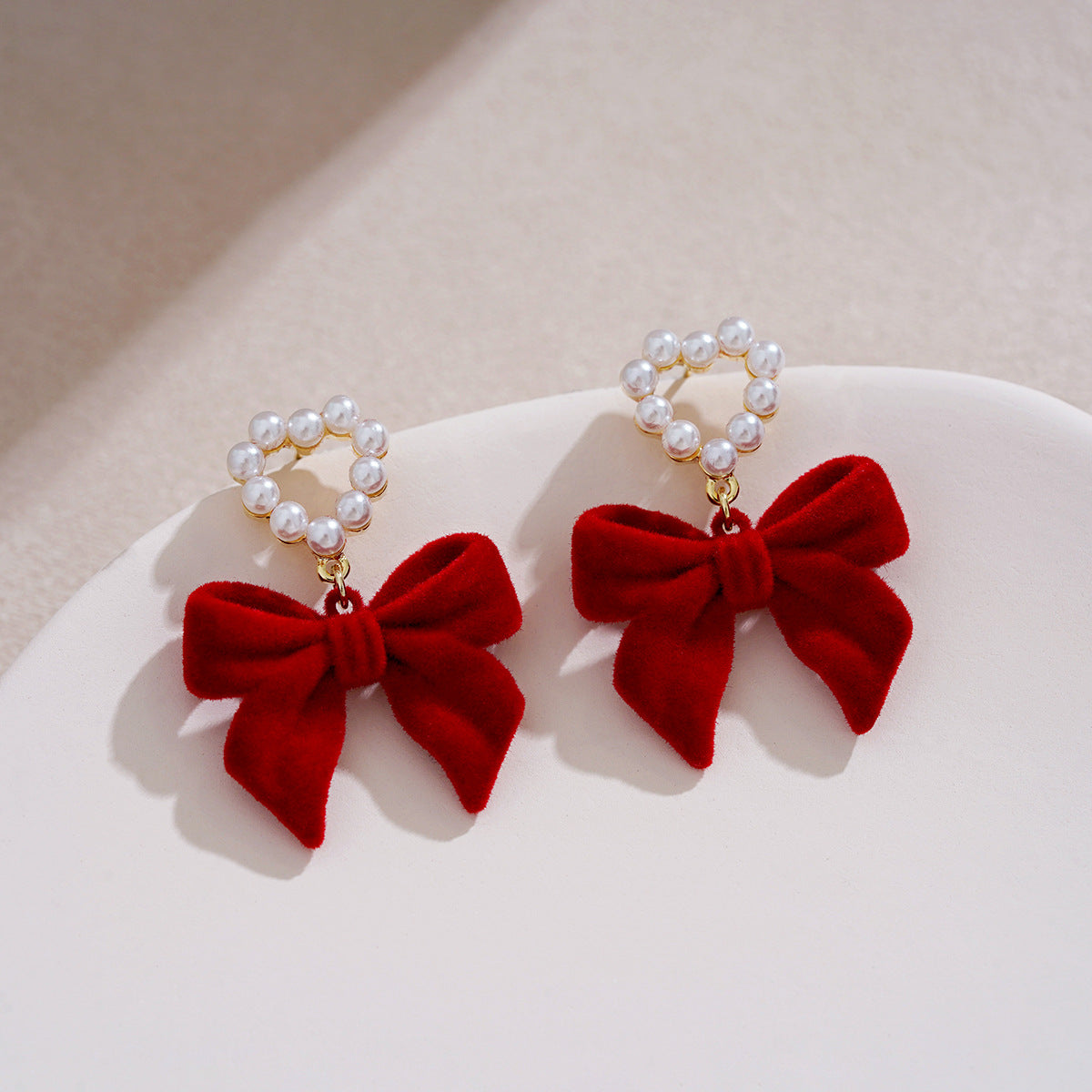 Wine-Red Flocked Bow Earrings For Women