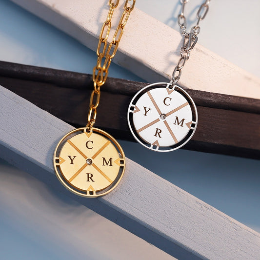 Stainless Steel Versatile Personalized Diamond-Encrusted Engraved Compass Necklace For Couples