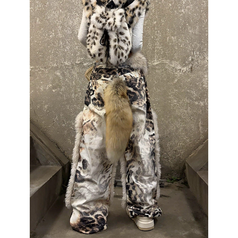 Womens American-Style Retro Leopard-Print Plush-Patchwork Denim Jeans