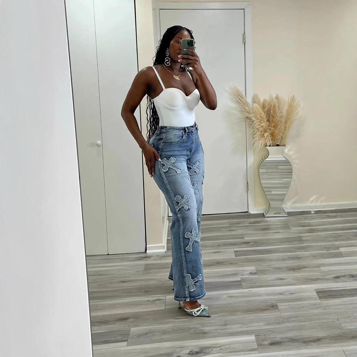 Vintage Washed Denim Fringe Cross Patch Straight Women's Jeans