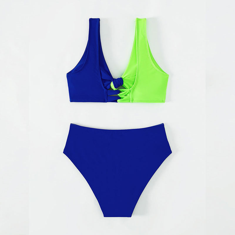 Womens Sexy Color-Block Two-Piece Swimsuit With Built-In Padded Bra And High Waist