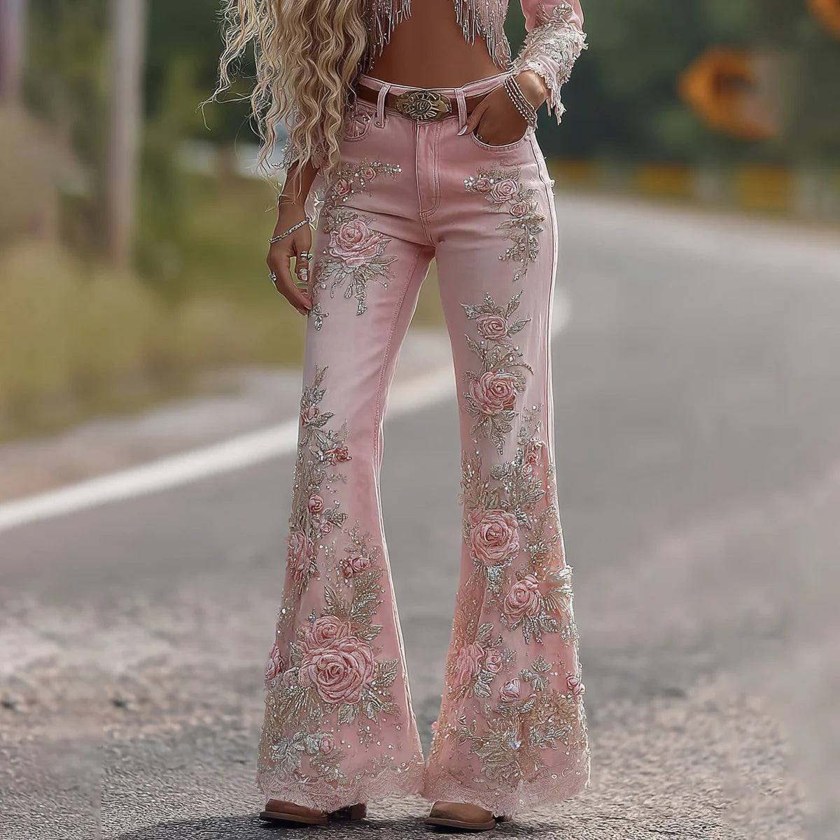 Womens Retro Printed Faux Denim Jeans
