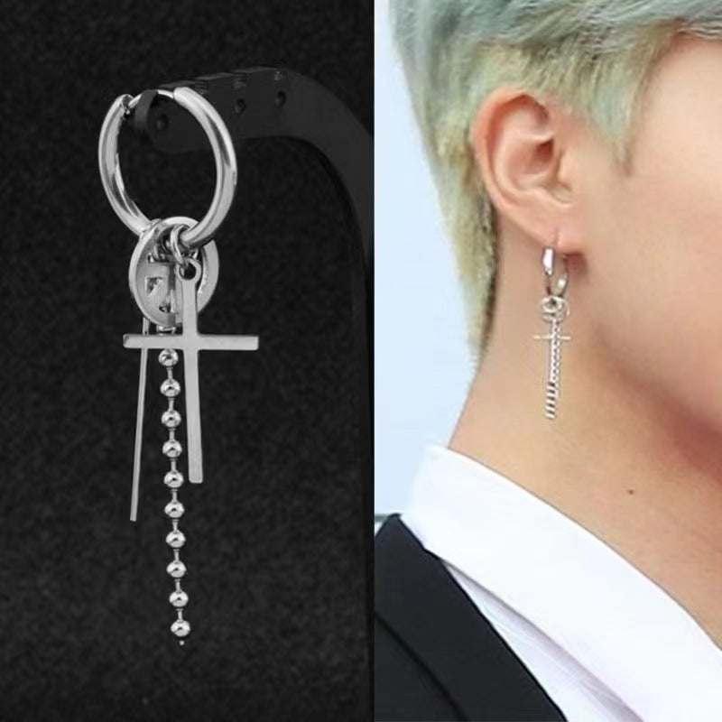 Mens Premium Personalized Stainless Steel Cross Chain Tassel Long Ear Cuff