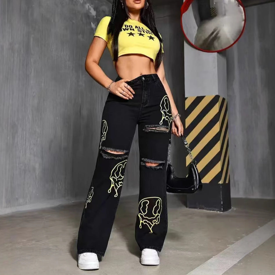 Womens Casual Loose Print Straight-leg Casual Pants