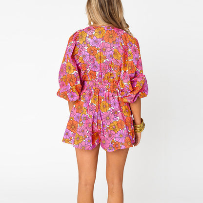 Shirt Slimming Casual Loose Deep V Wide Leg Short Jumpsuit
