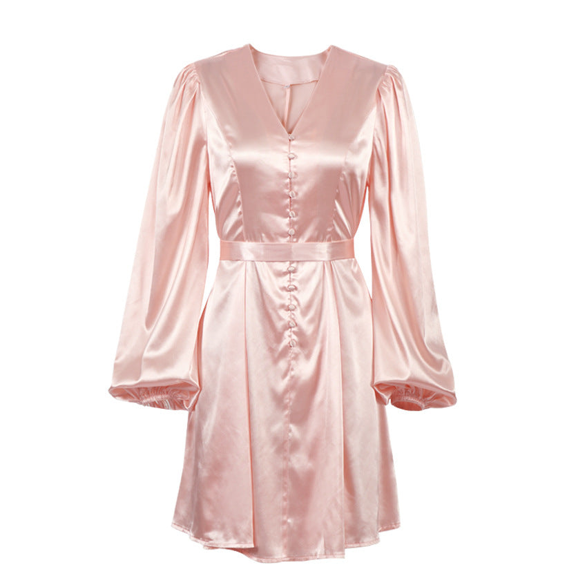 Satin Satin V-Neck Temperament Slim Dress