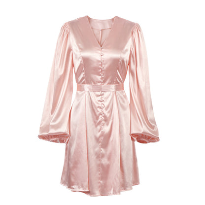 Satin Satin V-Neck Temperament Slim Dress