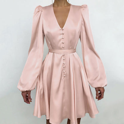Satin Satin V-Neck Temperament Slim Dress