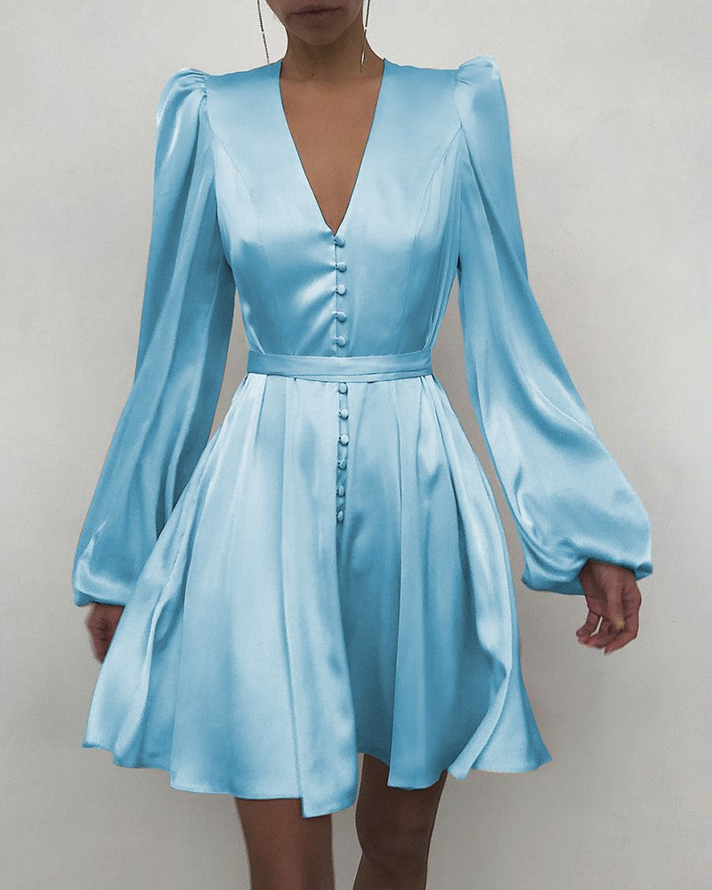 Satin Satin V-Neck Temperament Slim Dress