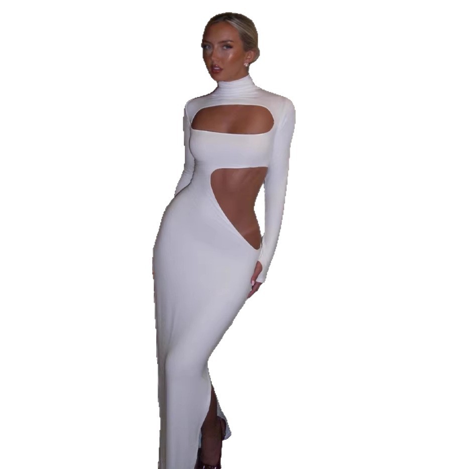 Womens Fashionable Sexy Solid-Color Long-Sleeve Hollow-Out Dress