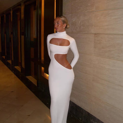 Womens Fashionable Sexy Solid-Color Long-Sleeve Hollow-Out Dress