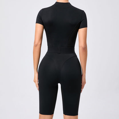 Tight Waist Open Collar Zipper Short Sleeve Yoga Jumpsuit Women
