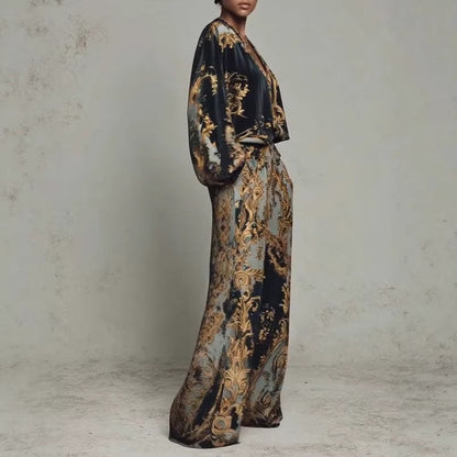 Womens Early Spring Resort-Style V-Neck Korean Fleece Print Set For Women