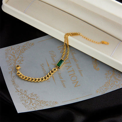 Fashionable Niche Retro Metal Square Green Diamond Versatile Bracelet