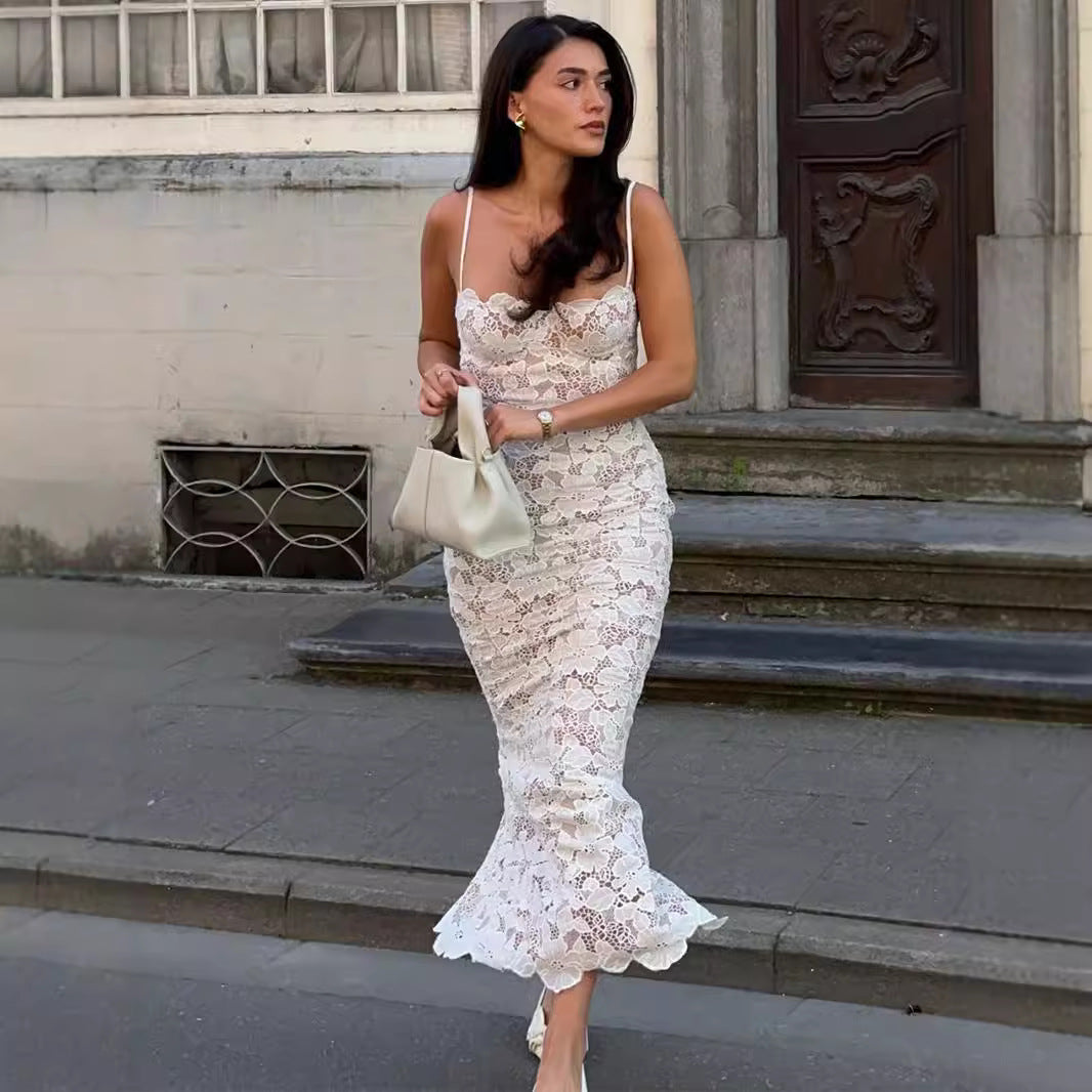 Sexy Lace Temperament Hip Spaghetti Straps Dress Sexy Backless Slit Long Dress