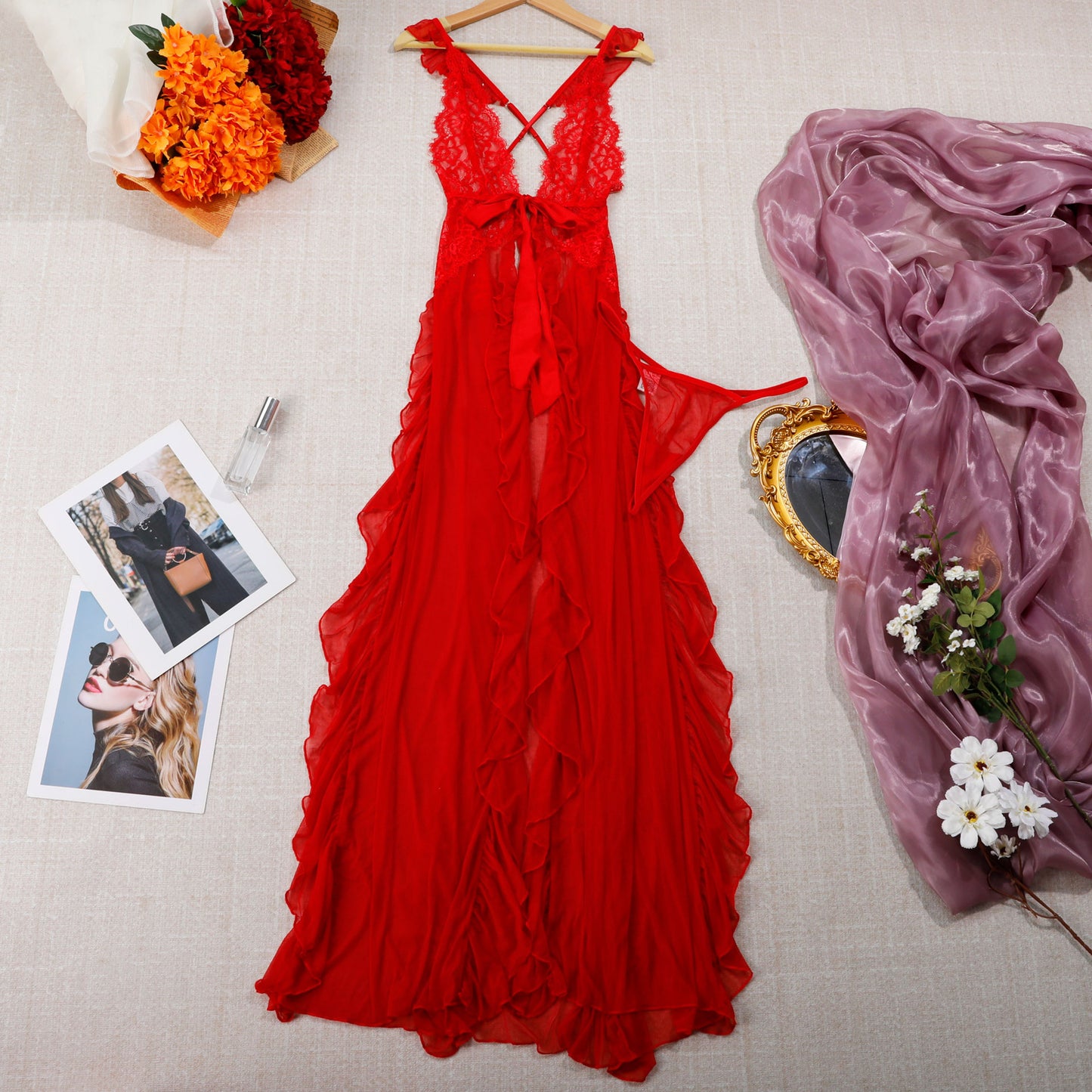 Lace Mesh Cake Skirt Sheer Camisole Nightgown