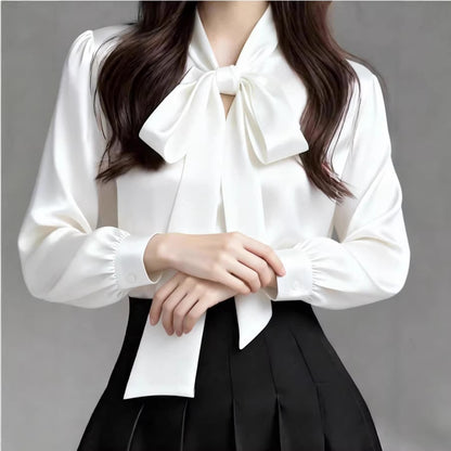 Sophisticated Early Spring Light-Luxury Satin Shirt With Ribbon Ties