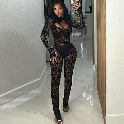 Fashion Solid Color Lace See-through Hollow Out Stitching Slim Fit Sexy