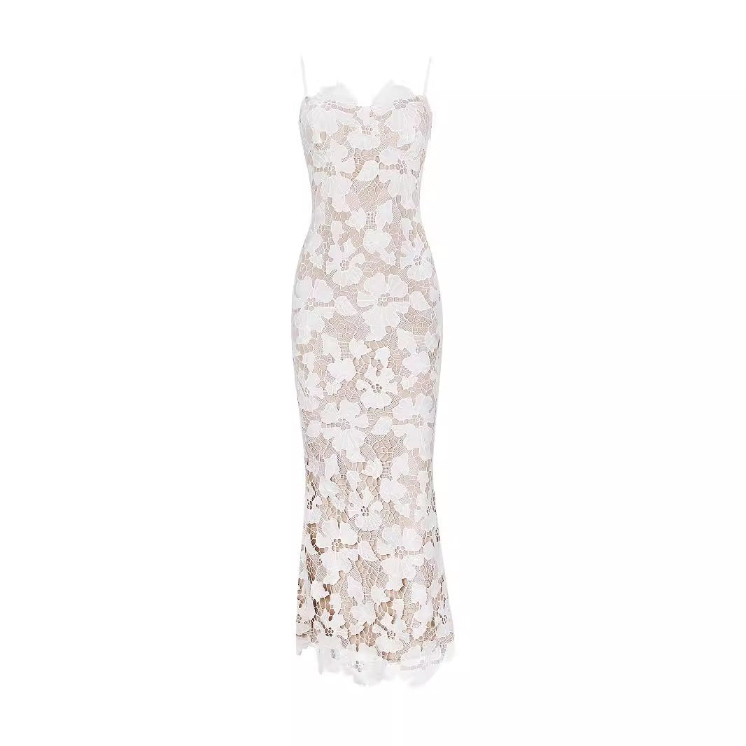 Sexy Lace Temperament Hip Spaghetti Straps Dress Sexy Backless Slit Long Dress