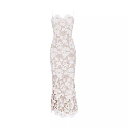 Sexy Lace Temperament Hip Spaghetti Straps Dress Sexy Backless Slit Long Dress
