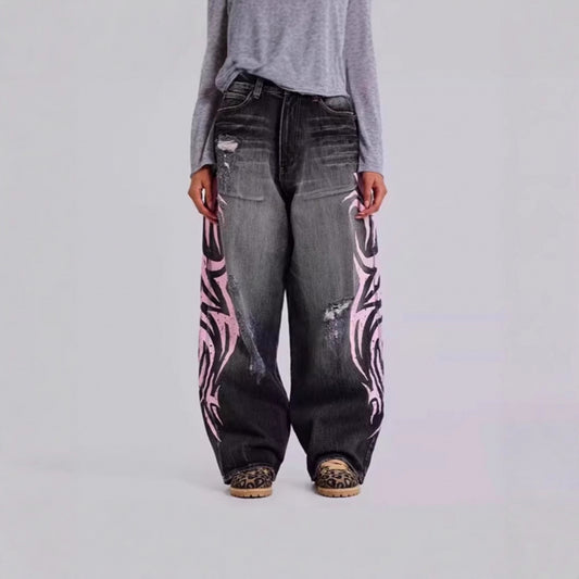 Womens Distressed Relaxed-Fit Denim Jeans With A Bold Totem Print And Extra-Wide Legs
