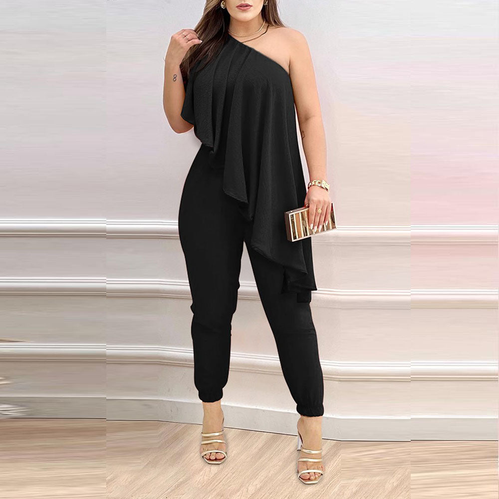 Printed One-shoulder Ruffled Jumpsuit