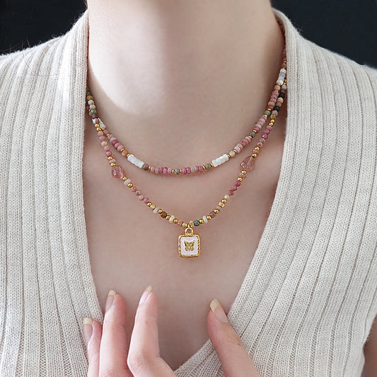 Titanium Steel Oil-drip Red Agate Bead Necklace