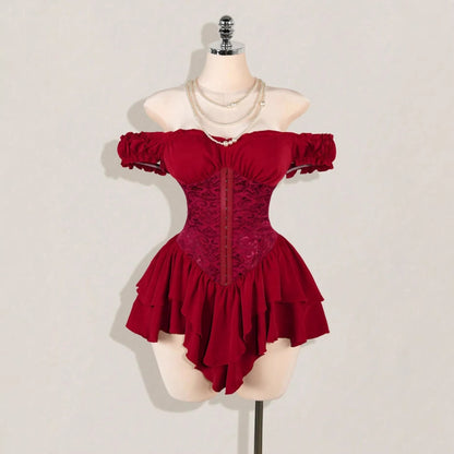 Jacquard Patchwork Ruffled Lotus Leaf Dress