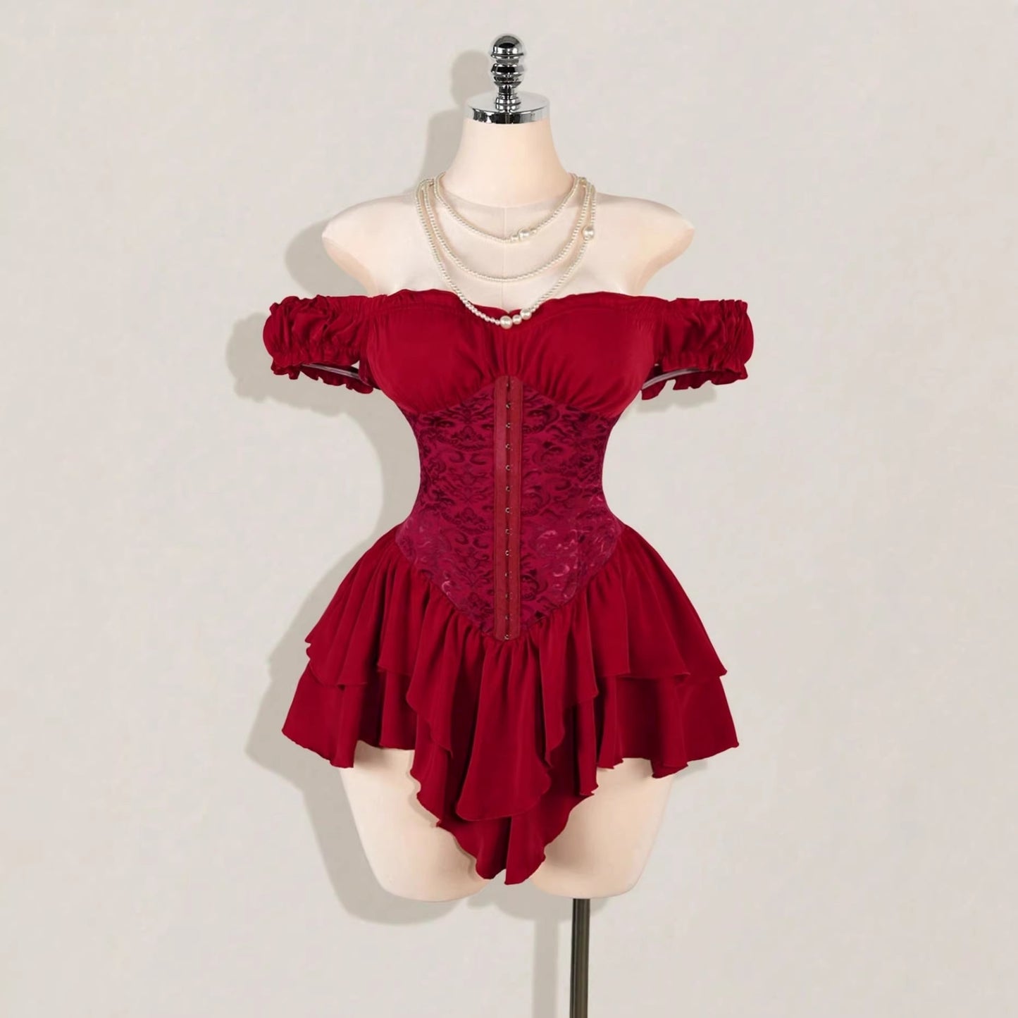 Jacquard Patchwork Ruffled Lotus Leaf Dress