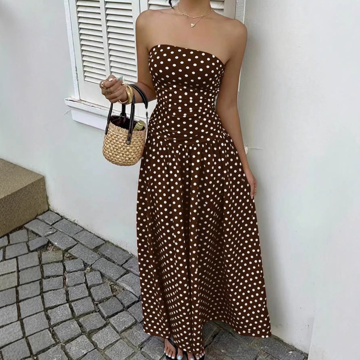 Off-the-shoulder Polka-dot A-line Waist-cinched Figure-flattering Dress
