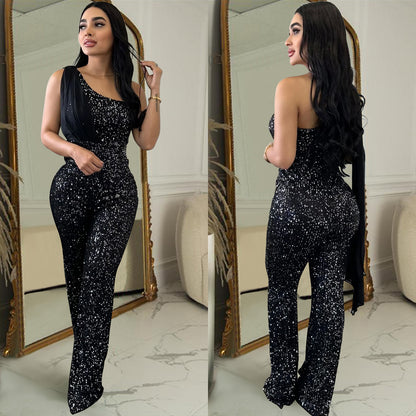 Women's Solid Color Sleeveless One-shoulder Sequined Trousers Jumpsuit