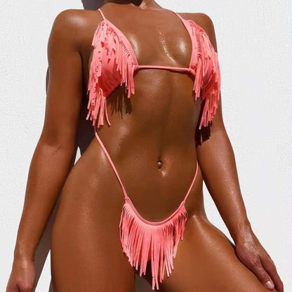Multi-color Two-piece Sexy Solid-color Fringed-string Womens Bikini Swimsuit
