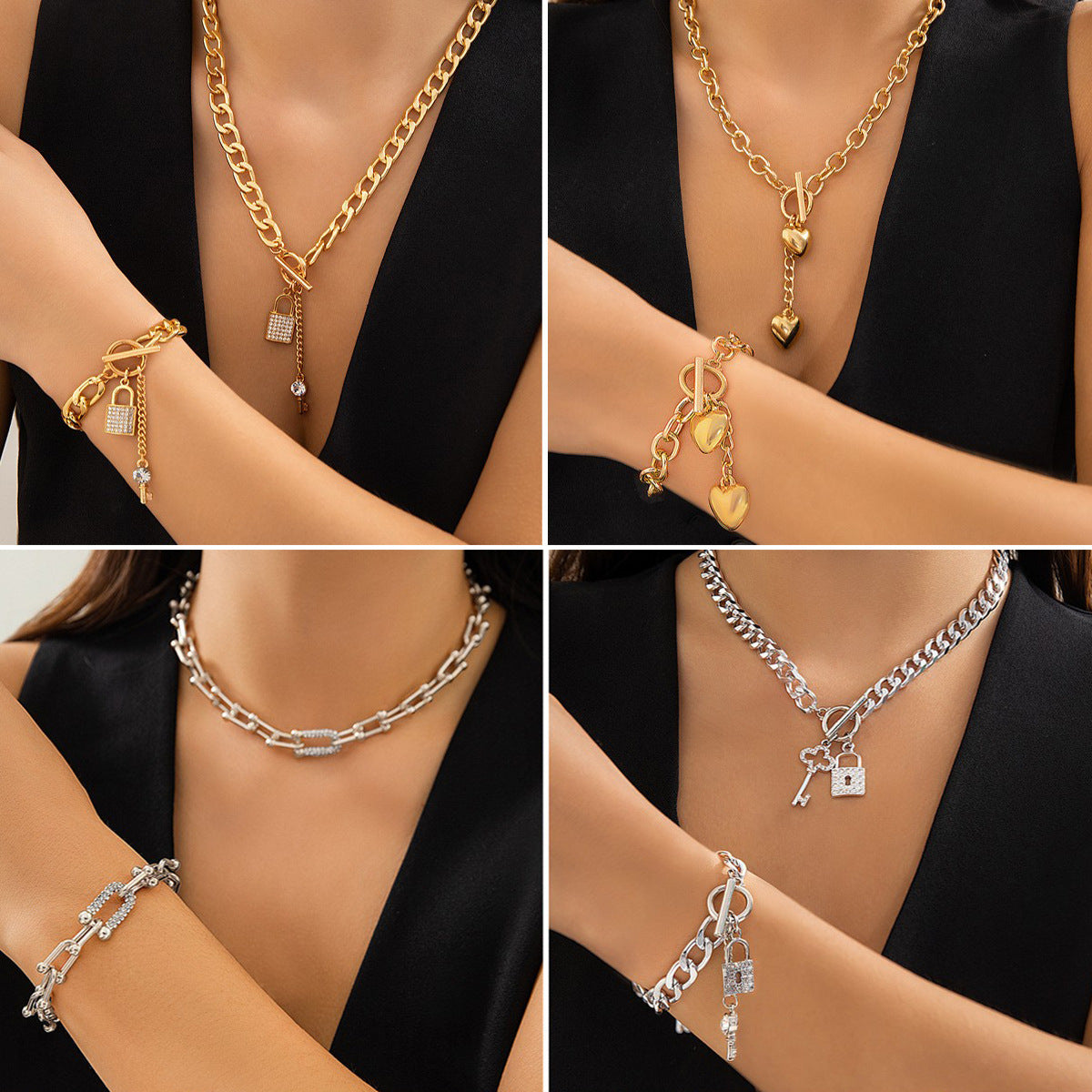 Womens Metal Heart Necklace And Bracelet Set