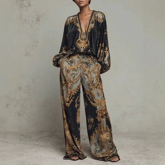Womens Early Spring Resort-Style V-Neck Korean Fleece Print Set For Women