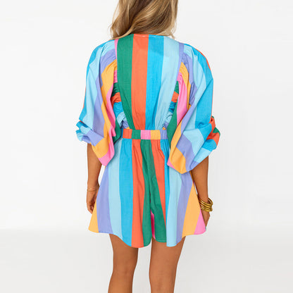 Shirt Slimming Casual Loose Deep V Wide Leg Short Jumpsuit